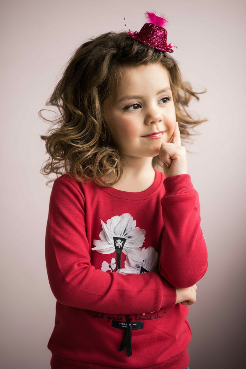 Young girl wearing a red sweater with a floral design, posing thoughtfully against a plain background.
