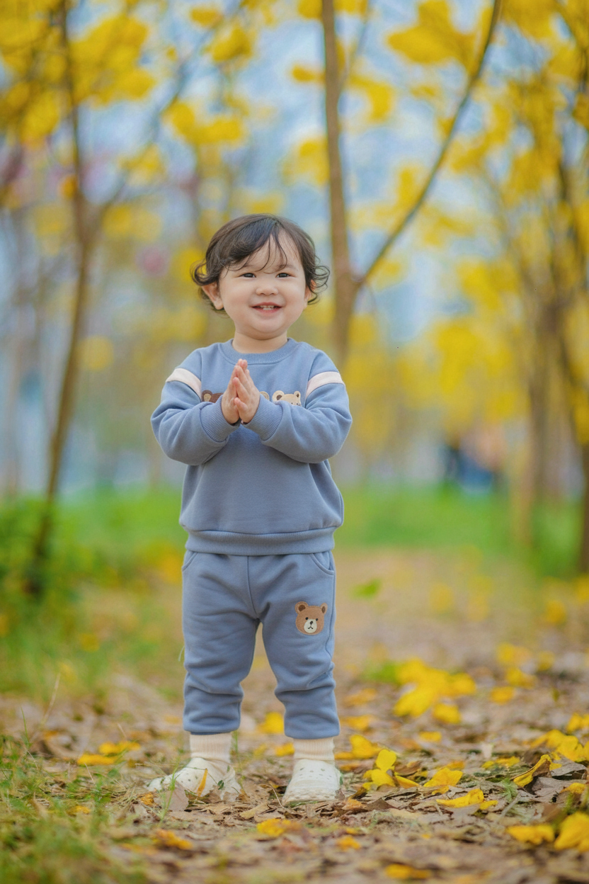 Child in a blue outfit standing in a park with yellow leaves