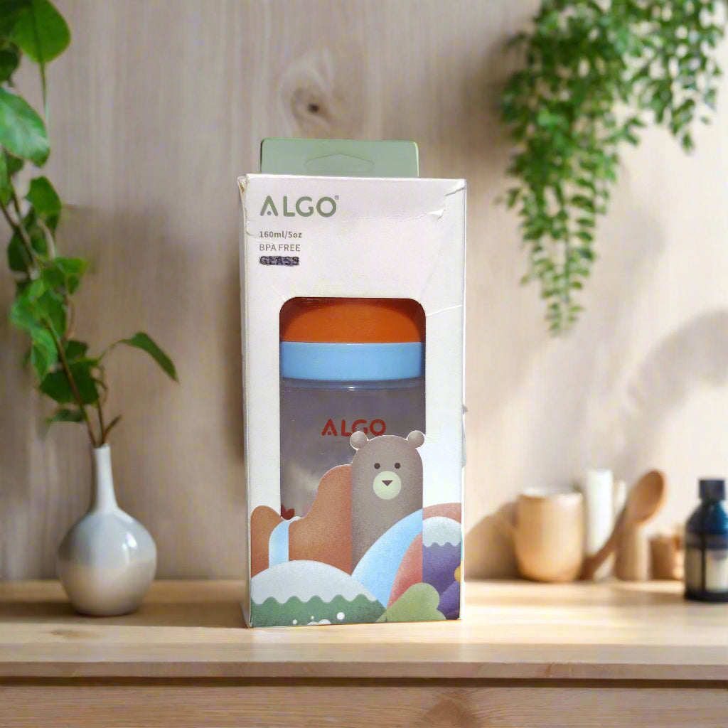 Box with a colorful design featuring a bear and the brand 'ALGO' on a staircase background.