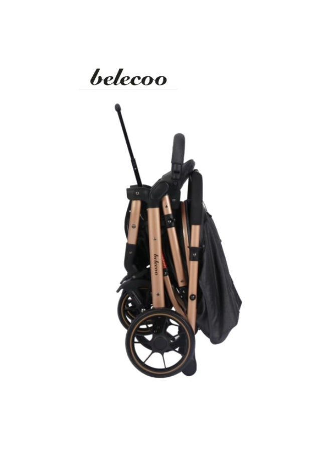 Belecoo Foldable Baby Stroller with One-Hand Folding with combination of Gray, gold and black color