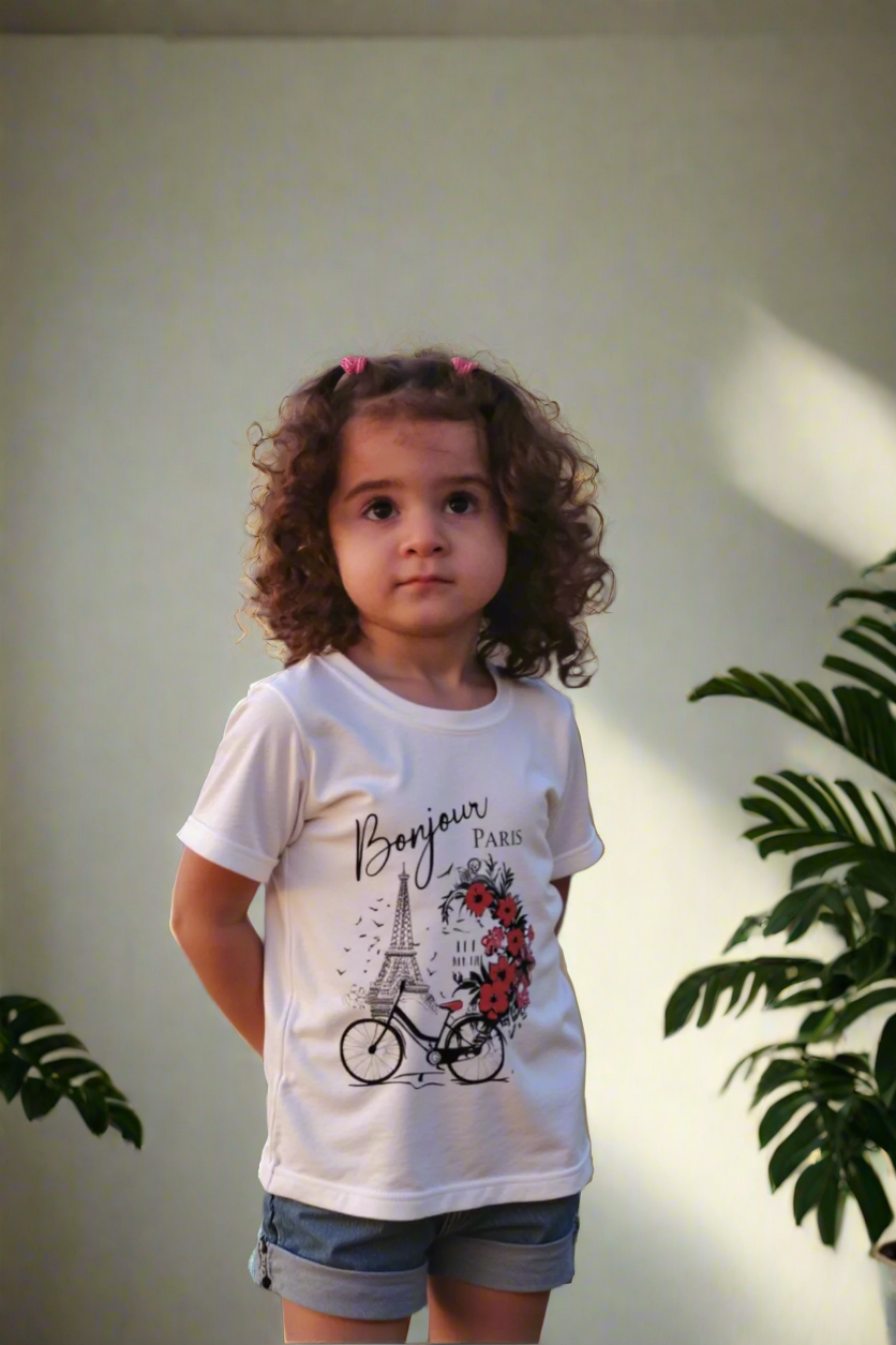 Bonjour paris White T-Shirt with red Rose