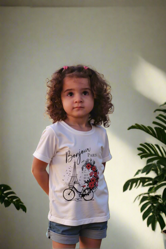 Bonjour paris White T-Shirt with red Rose